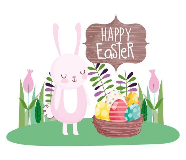 Fröhliche Ostern süße Kaninchen mit Korb gefüllte Eier Dekoration Blumen — Stockvektor