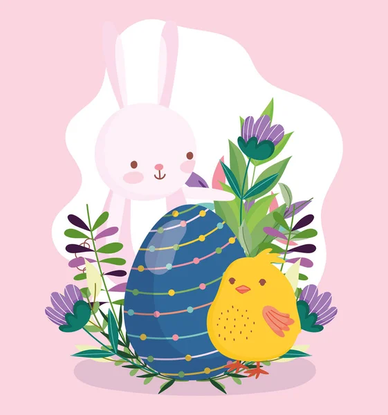 Щасливий пасхальний милий кролик і курка з блакитними яєчними квітами природа — стоковий вектор