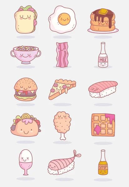 Comida personagens bonitos menu ícones do restaurante — Vetor de Stock