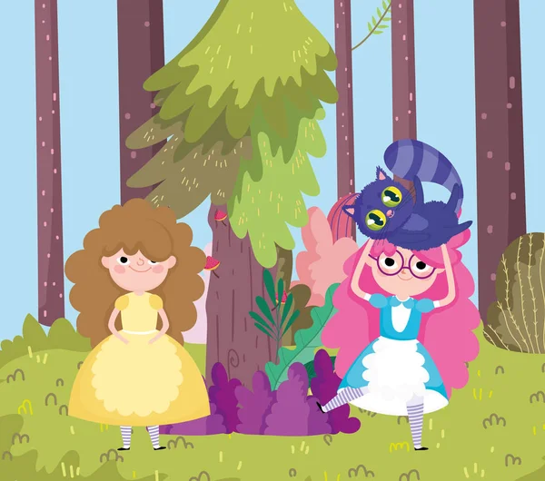 Дівчина з котячим деревом лісовим лугом в країні чудес — стоковий вектор