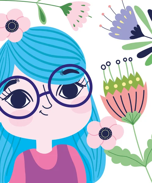 Χαριτωμένο κορίτσι γυαλιά κινουμένων σχεδίων με λουλούδια βοτανική — Διανυσματικό Αρχείο