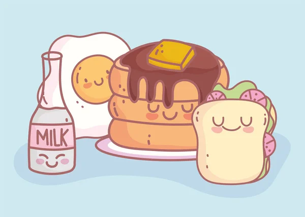 Блины жареное яйцо молоко и сэндвич персонаж меню ресторана мультфильм еда мило — стоковый вектор