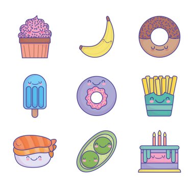 yemek sevimli çizgi film karakteri menüsü restoran diyet simgeleri düz stil simgesi ayarlandı