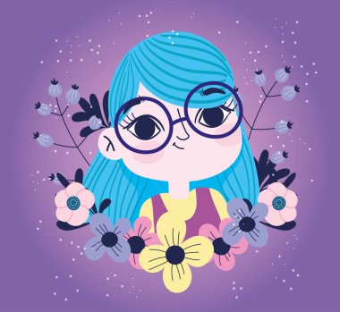 cute girl with flowers sprout botany purple background