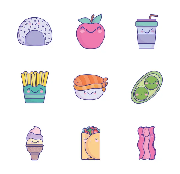 Comida lindo personaje de dibujos animados menú restaurante dieta iconos conjunto icono de estilo plano — Vector de stock