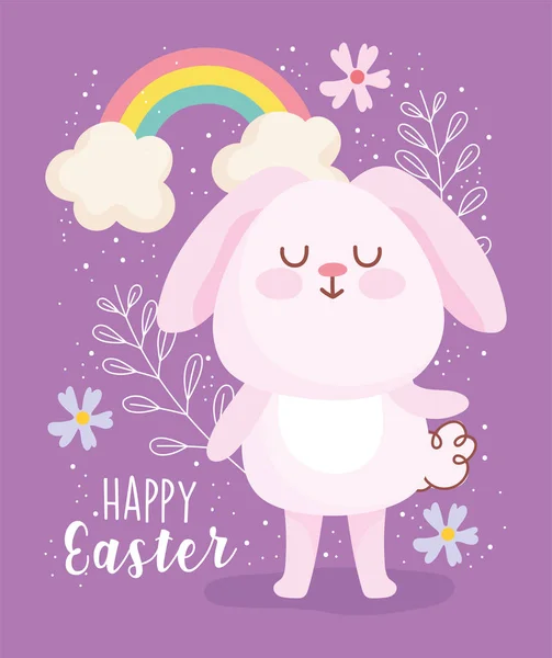 Feliz Páscoa bonito rosa coelho arco-íris nuvens flores decoração cartão — Vetor de Stock