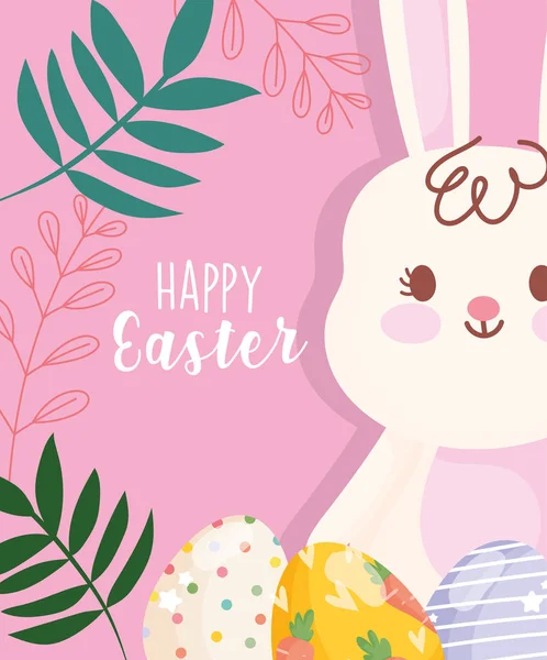 Feliz Páscoa bonito coelho branco com ovos decorativos folhagem — Vetor de Stock