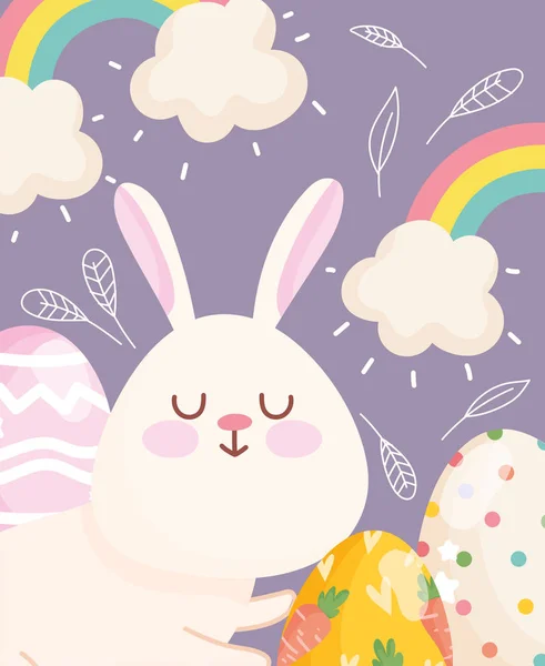 Veselé Velikonoce rozkošné králičí duhy mraky vejce dekorace — Stockový vektor