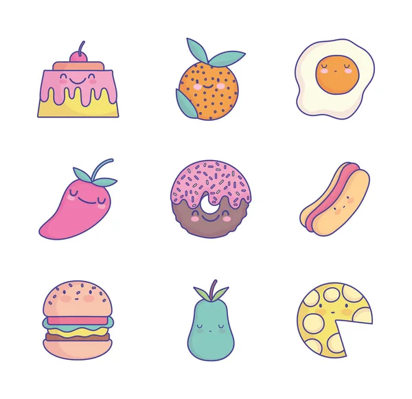 Comida lindo personaje de dibujos animados menú restaurante dieta iconos conjunto icono de estilo plano — Archivo Imágenes Vectoriales