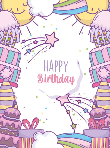 Feliz aniversário festa decoração bolo chapéu arco-íris cartão — Vetor de Stock