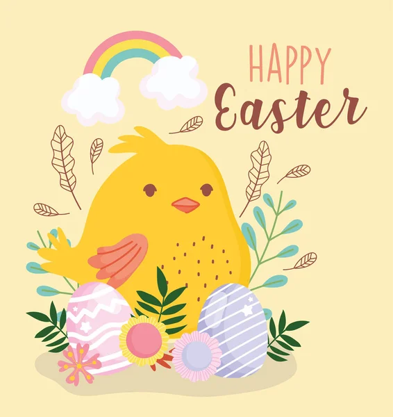 Happy easter little chicken eggs and flowers decoration rainbow — Stockvektor