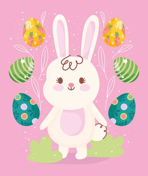 Happy easter cute rabbit with eggs around floral decoration — Stock Vector