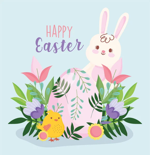 Happy easter cute rabbit chicken egg flowers leaves foliage nature decoration — Stockvektor