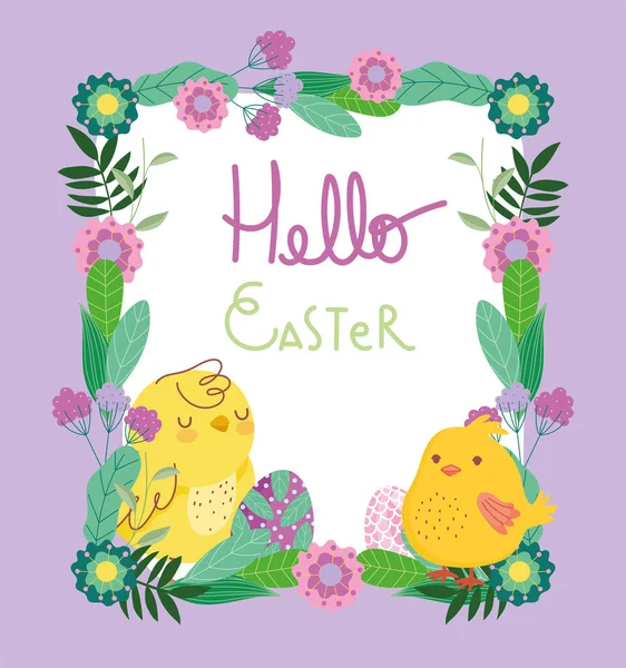 Feliz Pascua lindos pollos huevos flores marco decoración tarjeta — Vector de stock