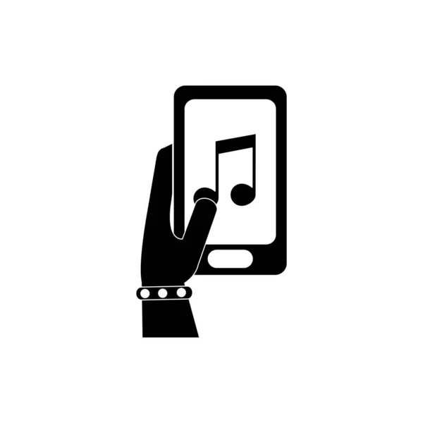 Рука с приложением смартфона нота музыкальная мелодия звуковая музыка икона силуэт стиль — стоковый вектор