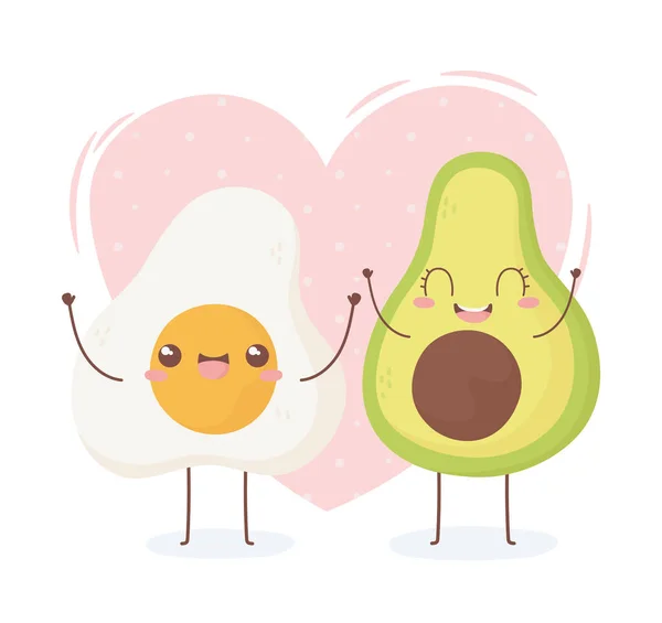 Spiegelei und Avocado Kawaii Essen Zeichentrickfigur Design — Stockvektor