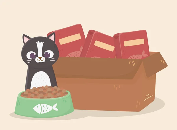 Gatos me hacen feliz, gato con caja de cartón comida y tazón — Vector de stock
