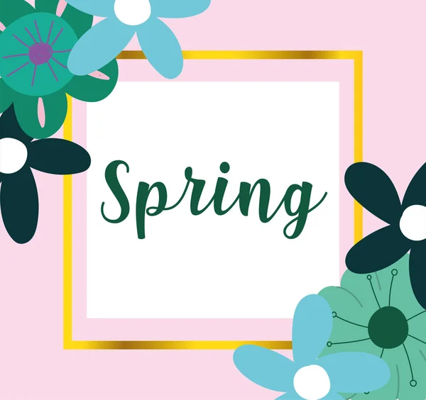 Hello spring, frame lettering flowers bloom decoration — стоковый вектор