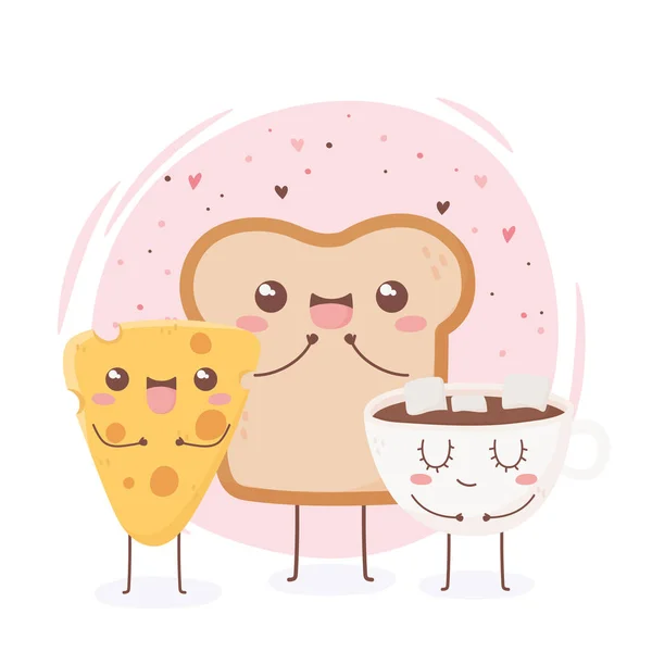 Сырный хлеб и шоколадный кавайи пищевой мультфильм дизайн персонажа — стоковый вектор