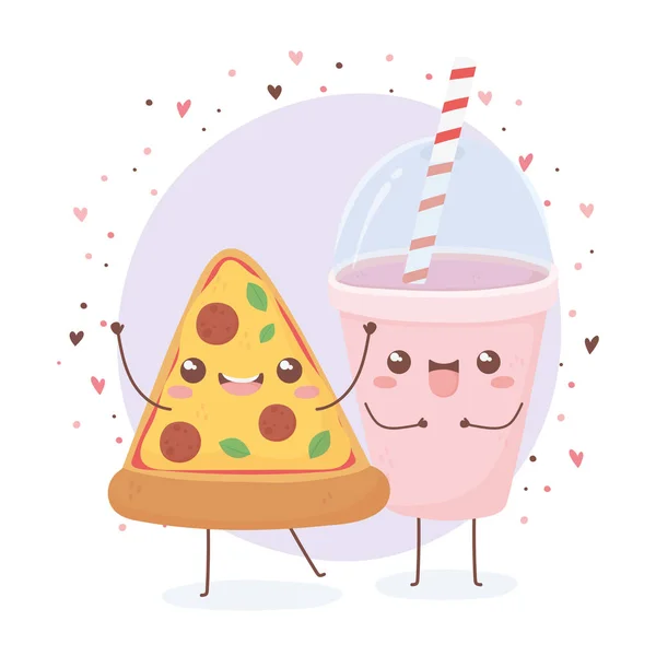 Pizza und Limo Tasse Kawaii Essen Zeichentrickfigur Design — Stockvektor
