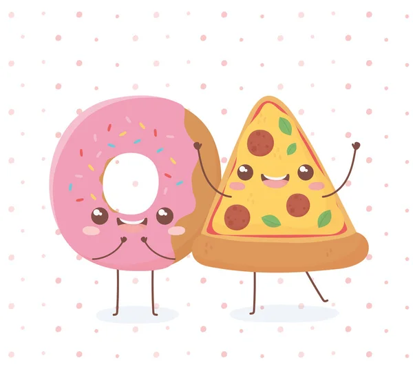 Donut e pizza kawaii comida desenho animado personagem — Vetor de Stock