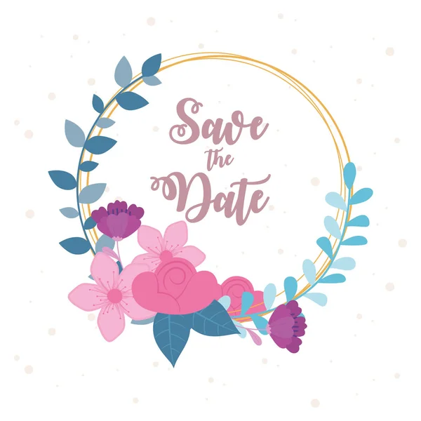 Flores boda, guardar la fecha, redondo banner flores follaje decoración — Vector de stock