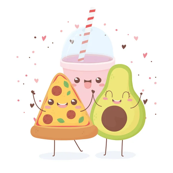 Avocado-Pizza und Soda Kawaii Essen Zeichentrickfigur Design — Stockvektor