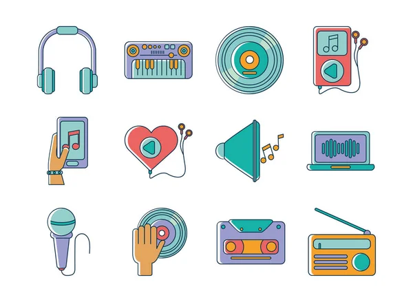 Música melodía sonido iconos de audio establecer línea y estilo de relleno — Vector de stock