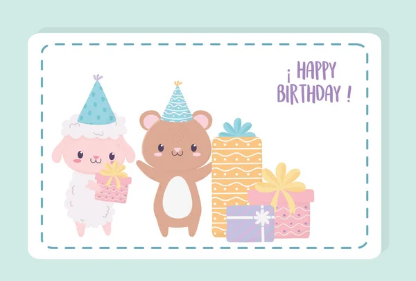 Feliz cumpleaños oso de oveja con regalos y sombreros de fiesta celebración tarjeta de decoración — Vector de stock