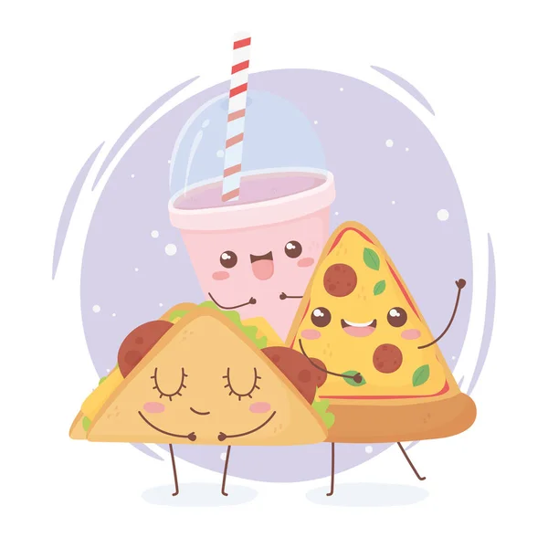 Pizza taco e refrigerante kawaii comida desenho animado personagem — Vetor de Stock