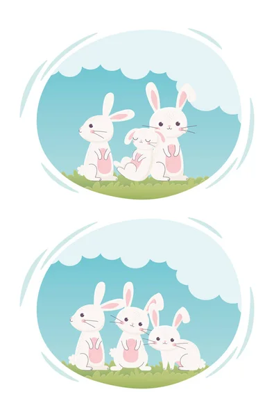 Happy easter day, cute white rabbits in grass cartoon labels — Stockový vektor