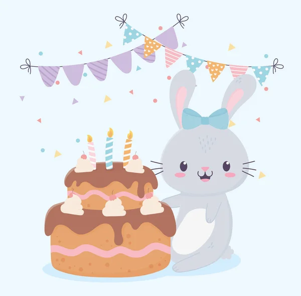 Feliz aniversário bonito bolo de coelho com velas bunting celebração cartão de decoração — Vetor de Stock