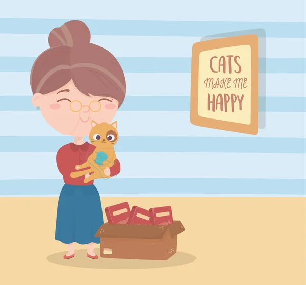 Cats make me happy, old woman carrying cat with ball food — ストックベクタ