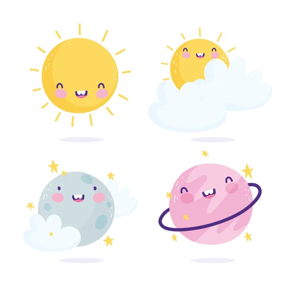 Cosmos galaxy planets sun clouds cartoon cute text — Stockový vektor