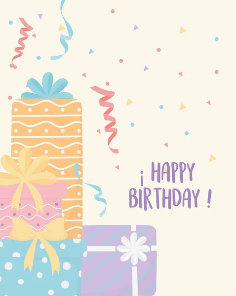Happy birthday gift boxes surprise celebration decoration card — Wektor stockowy