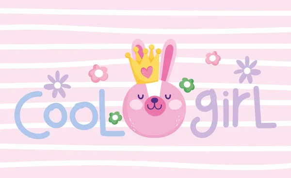 Little bunny face with crown cool girl cartoon cute text — Stok Vektör
