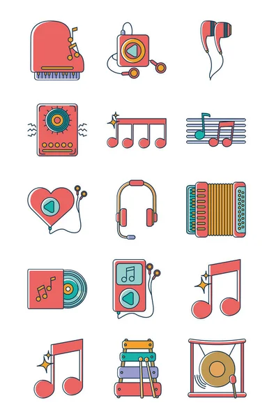 Music melody sound audio icons set line and fill style — Stock Vector