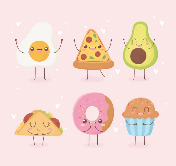 Fried egg pizza avocado donut cupcake taco kawaii food cartoon character design — Stockvector