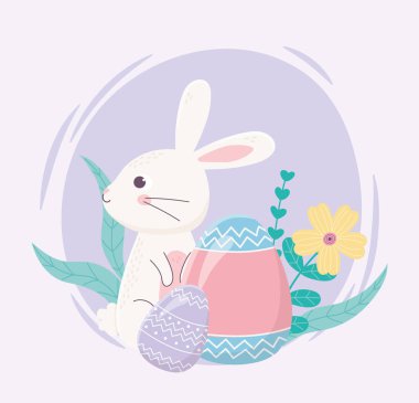 happy easter day, rabbit painted eggs flowers foliage decoration