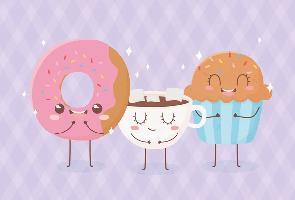 Donut cupcake and chocolate cup kawaii food cartoon character design — Stockvektor