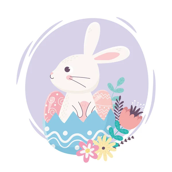 Feliz día de Pascua, lindo conejo en huevos de cáscara de huevo flores decoración — Vector de stock