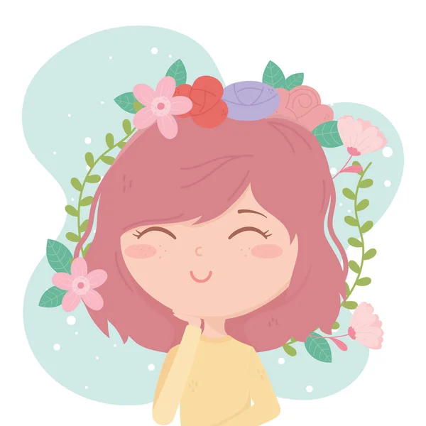 Young woman brunette hair decoration flowers cartoon — 스톡 벡터