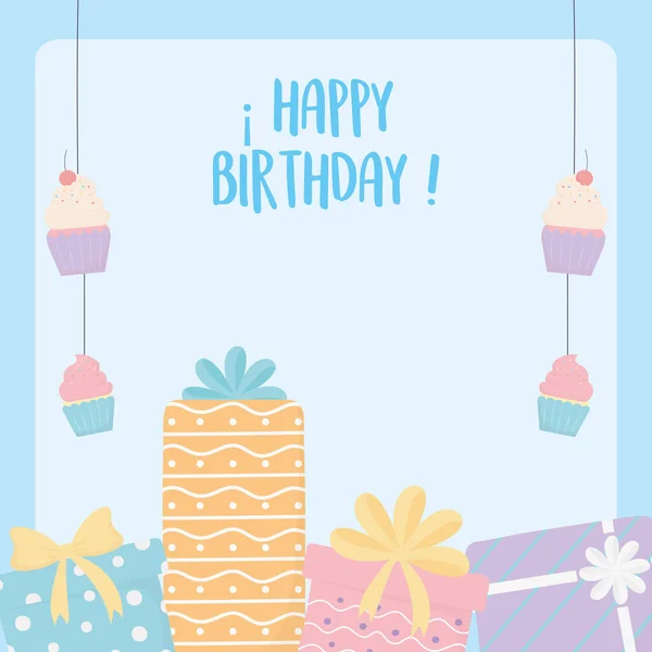 Caixas de presente de aniversário feliz pendurado cupcakes celebração cartão de decoração — Vetor de Stock
