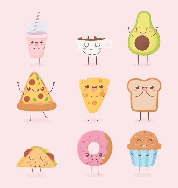 Smoothie cup chocolate pizza cheese bread donut kawaii food cartoon character design — 스톡 벡터