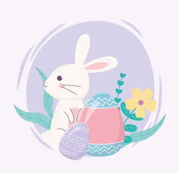 Happy easter day, rabbit painted eggs flowers foliage decoration — Stockvektor