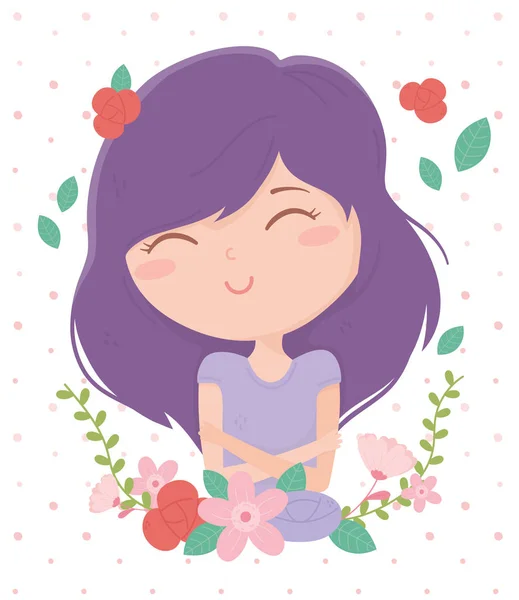 Jovem mulher dobrado braços roxo cabelo flores desenhos animados —  Vetores de Stock