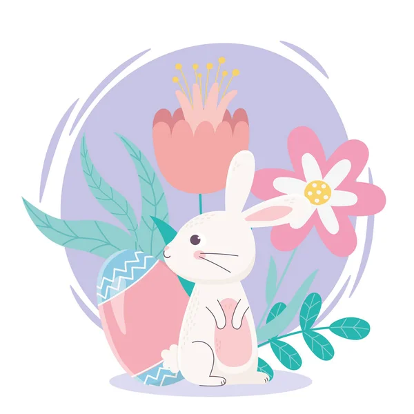 Happy easter day, white rabbit egg flowers folaige leaves decoration — Wektor stockowy