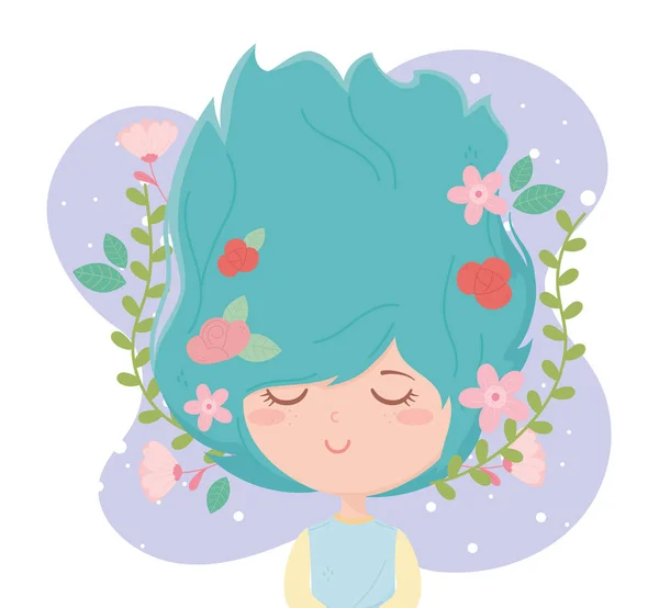 Young woman flowers in the hair decoration purple cartoon — ストックベクタ