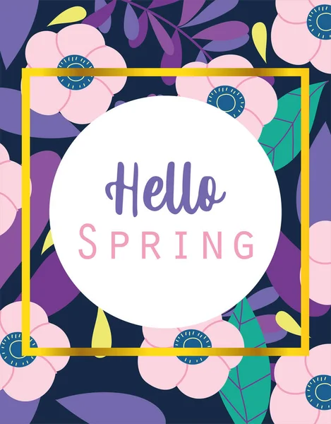 Hello spring, round banner flowers foliage season background — Stock Vector