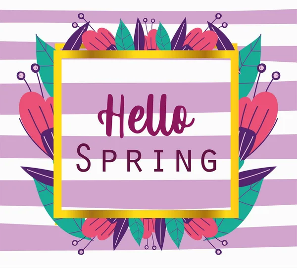 Hola primavera, frase banner flores decoración rayas fondo — Vector de stock